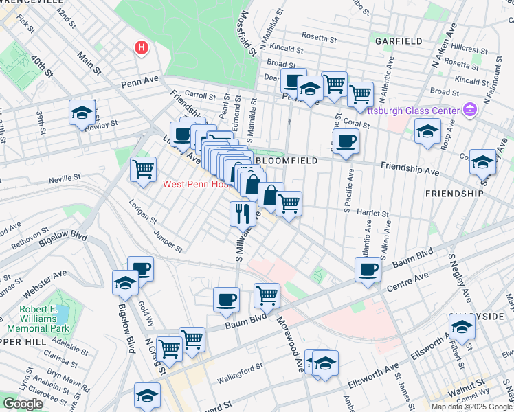 map of restaurants, bars, coffee shops, grocery stores, and more near in Pittsburgh