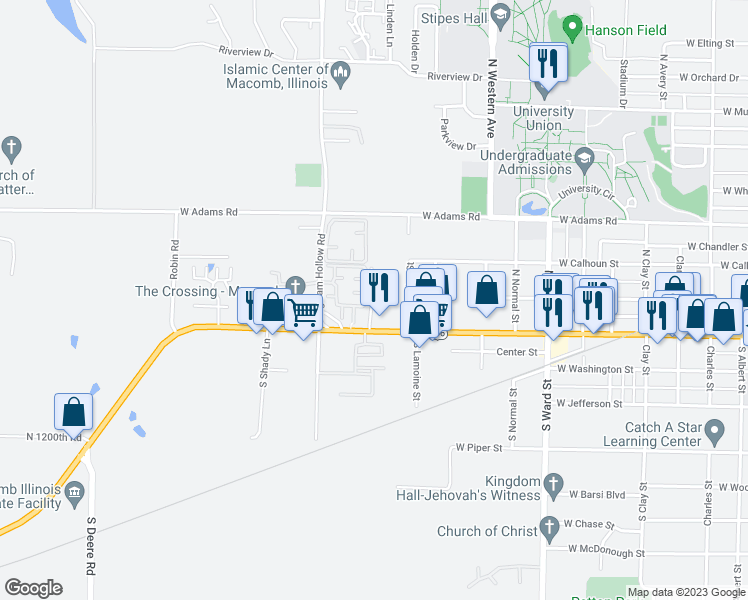 map of restaurants, bars, coffee shops, grocery stores, and more near 203 Charleston Boulevard in Macomb