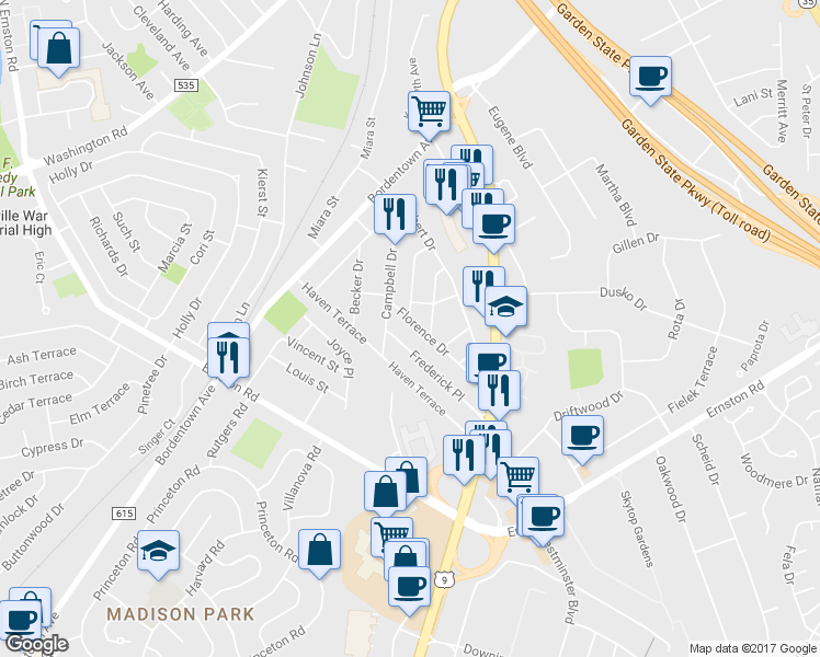 map of restaurants, bars, coffee shops, grocery stores, and more near 9 Florence Drive in Sayreville