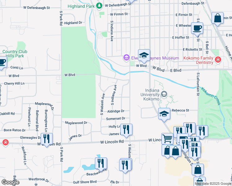 map of restaurants, bars, coffee shops, grocery stores, and more near 2301 South Indiana Avenue in Kokomo