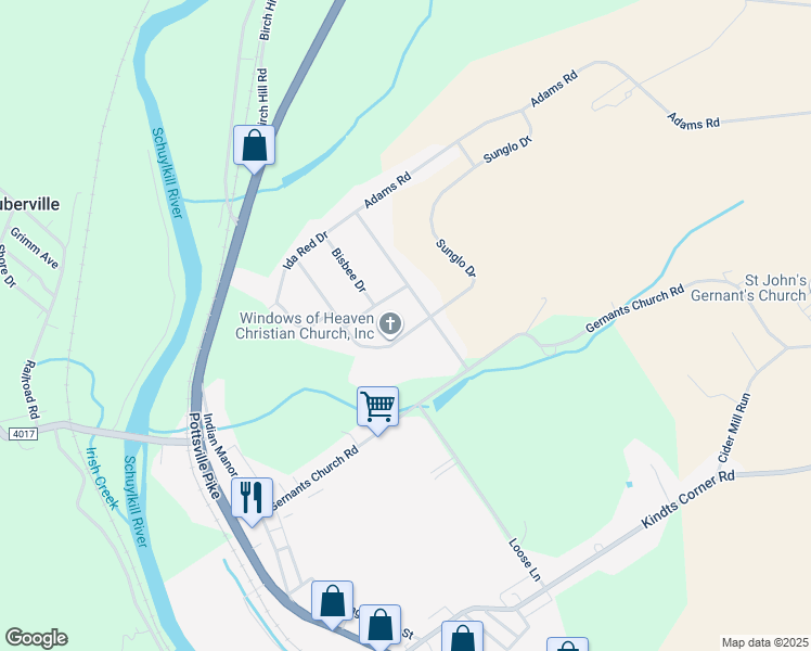 map of restaurants, bars, coffee shops, grocery stores, and more near 72 Sunglo Drive in Leesport