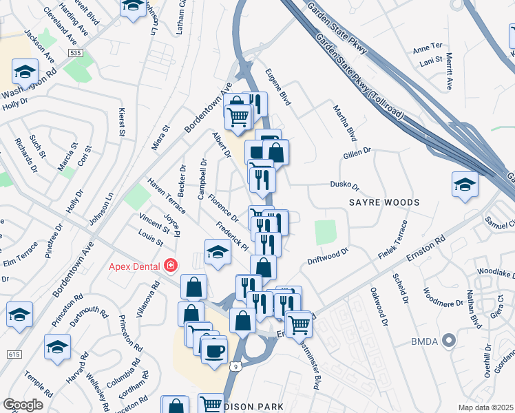 map of restaurants, bars, coffee shops, grocery stores, and more near 103 Albert Drive in Sayreville