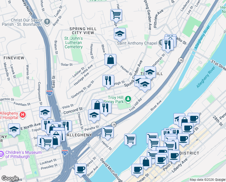 map of restaurants, bars, coffee shops, grocery stores, and more near 1223 Voskamp Street in Pittsburgh