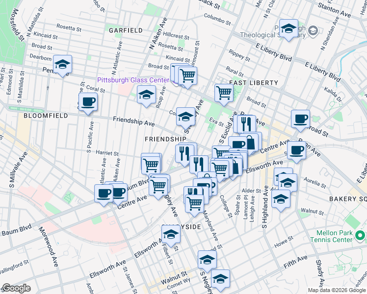 map of restaurants, bars, coffee shops, grocery stores, and more near 328 Amber Street in Pittsburgh