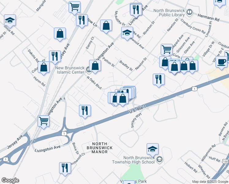 map of restaurants, bars, coffee shops, grocery stores, and more near 4102 North Oaks Boulevard in North Brunswick Township