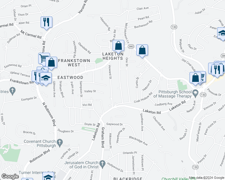 map of restaurants, bars, coffee shops, grocery stores, and more near 185 Howard Street in Pittsburgh