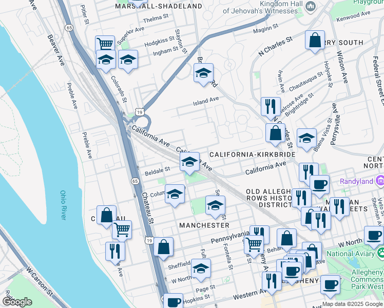 map of restaurants, bars, coffee shops, grocery stores, and more near 1266 Kunkle Avenue in Pittsburgh