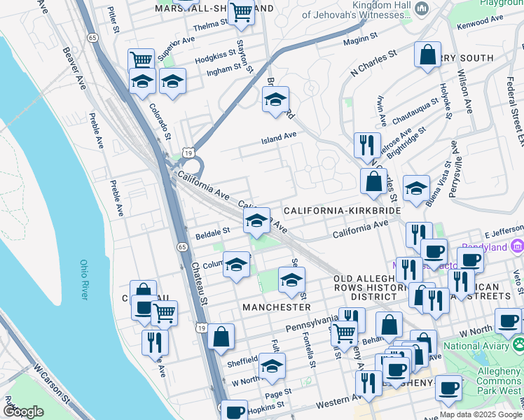 map of restaurants, bars, coffee shops, grocery stores, and more near 1262 Kunkle Avenue in Pittsburgh