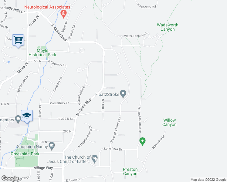 map of restaurants, bars, coffee shops, grocery stores, and more near 1190 East Wintergreen Court in Alpine
