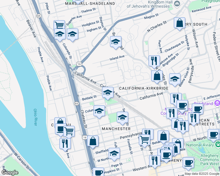 map of restaurants, bars, coffee shops, grocery stores, and more near 1262 Kunkle Avenue in Pittsburgh