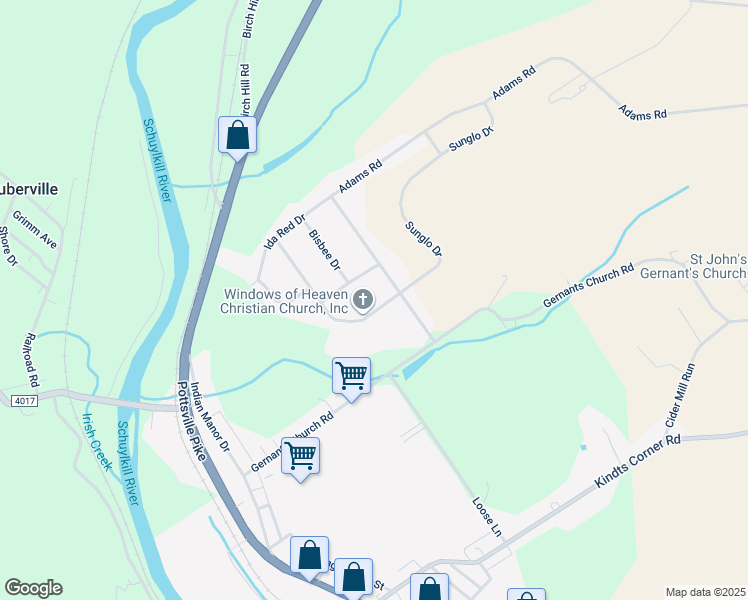 map of restaurants, bars, coffee shops, grocery stores, and more near 72 Sunglo Drive in Leesport