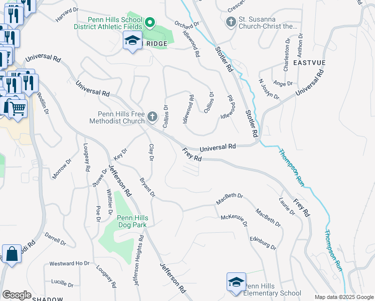 map of restaurants, bars, coffee shops, grocery stores, and more near 102 Pinewood Square in Penn Hills
