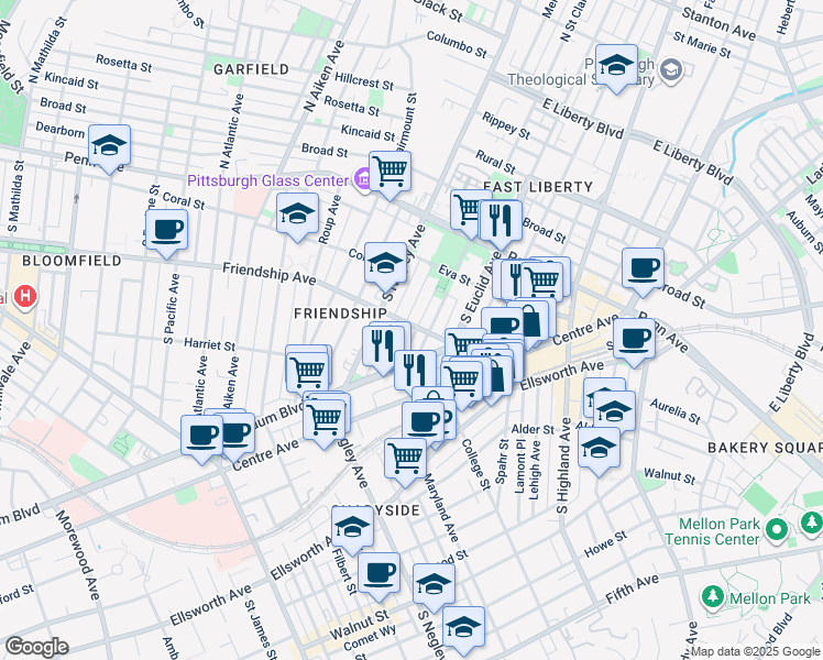 map of restaurants, bars, coffee shops, grocery stores, and more near 5815 Baum Boulevard in Pittsburgh