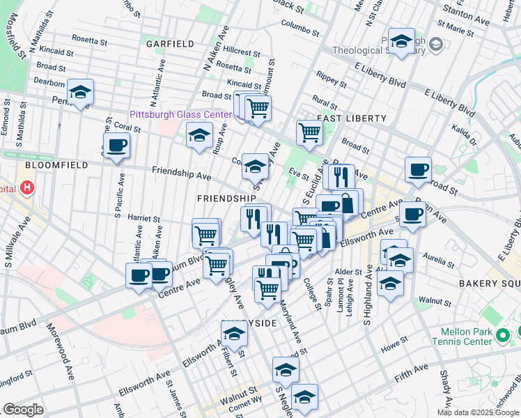 map of restaurants, bars, coffee shops, grocery stores, and more near 328 Amber Street in Pittsburgh