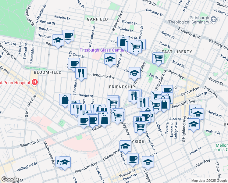 map of restaurants, bars, coffee shops, grocery stores, and more near 375 South Fairmount Street in Pittsburgh