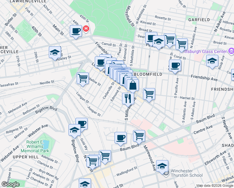 map of restaurants, bars, coffee shops, grocery stores, and more near 4780 Cypress Street in Pittsburgh