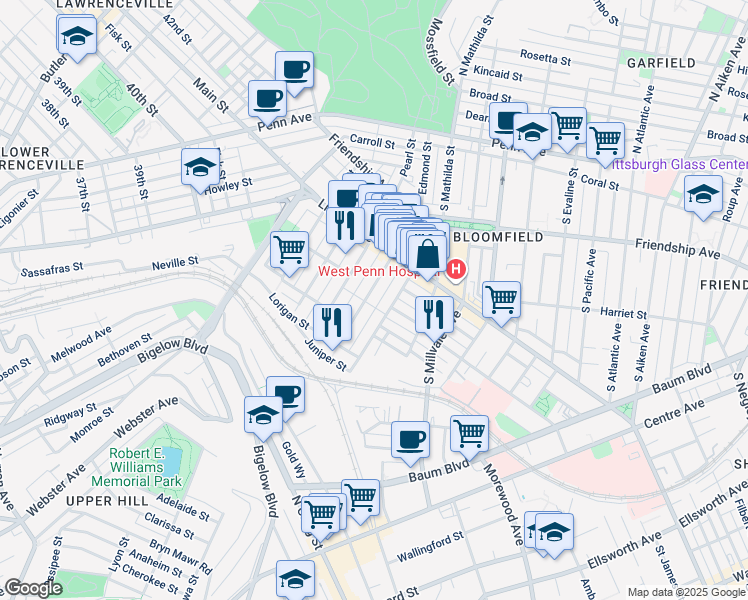 map of restaurants, bars, coffee shops, grocery stores, and more near 427 State Way in Pittsburgh