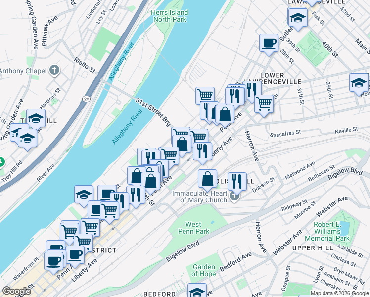 map of restaurants, bars, coffee shops, grocery stores, and more near 3001 Penn Avenue in Pittsburgh