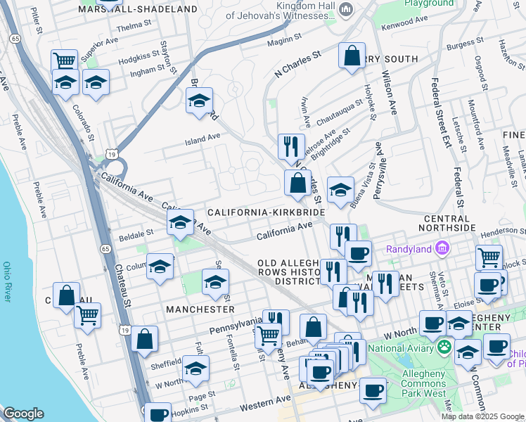 map of restaurants, bars, coffee shops, grocery stores, and more near 935 Kirkbride Street in Pittsburgh
