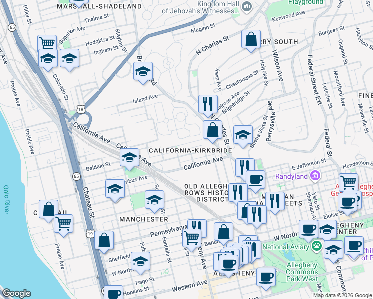 map of restaurants, bars, coffee shops, grocery stores, and more near 935 Kirkbride Street in Pittsburgh