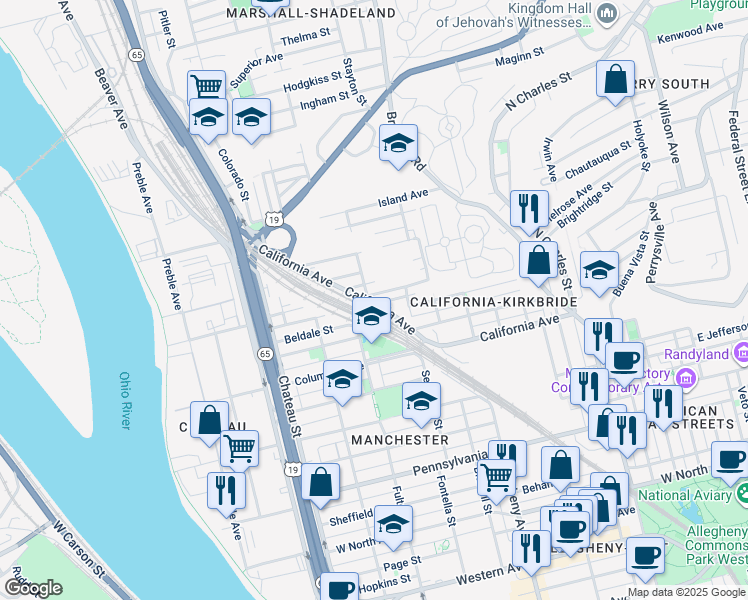 map of restaurants, bars, coffee shops, grocery stores, and more near 1219 California Avenue in Pittsburgh