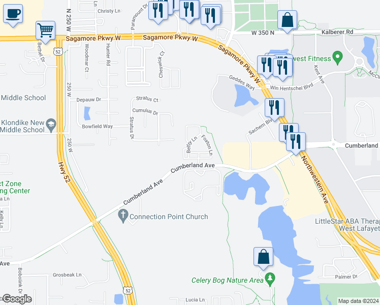 map of restaurants, bars, coffee shops, grocery stores, and more near 3035 Bluster Ct in West Lafayette