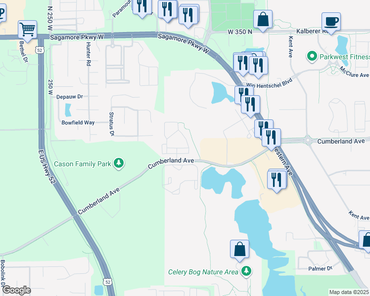 map of restaurants, bars, coffee shops, grocery stores, and more near 1900 Foxglove Way in West Lafayette