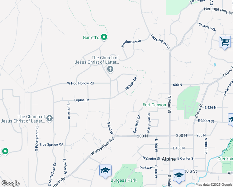 map of restaurants, bars, coffee shops, grocery stores, and more near 543 Hillside Circle in Alpine