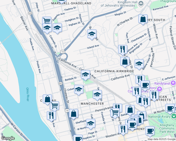 map of restaurants, bars, coffee shops, grocery stores, and more near 1252 Kunkle Avenue in Pittsburgh