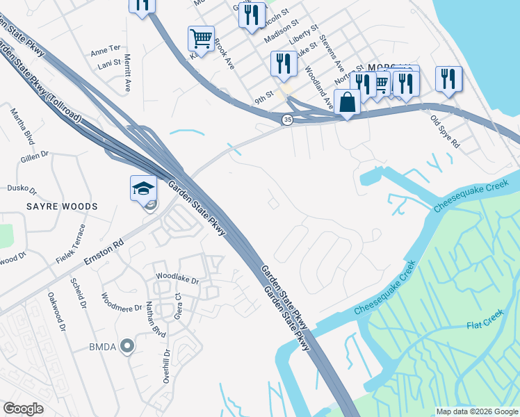 map of restaurants, bars, coffee shops, grocery stores, and more near 2316 Bayhead Drive in Sayreville