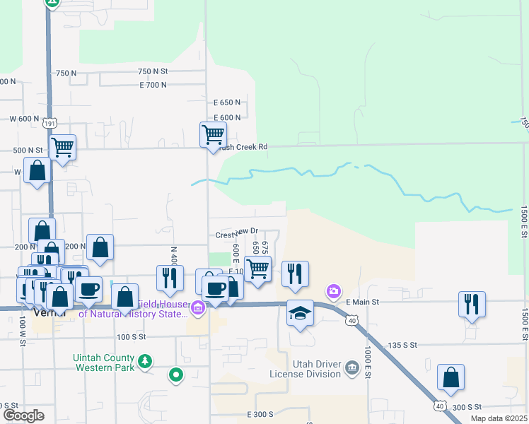 map of restaurants, bars, coffee shops, grocery stores, and more near 677 East 250 North in Vernal