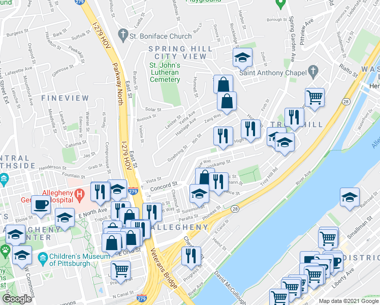 map of restaurants, bars, coffee shops, grocery stores, and more near 1014 High Street in Pittsburgh