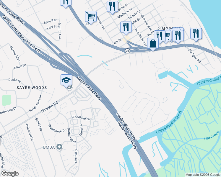 map of restaurants, bars, coffee shops, grocery stores, and more near 1914 Bayhead Drive in Sayreville