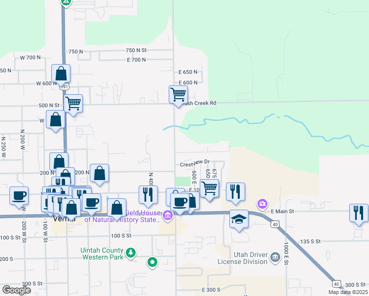 map of restaurants, bars, coffee shops, grocery stores, and more near 561 East 250 North in Vernal
