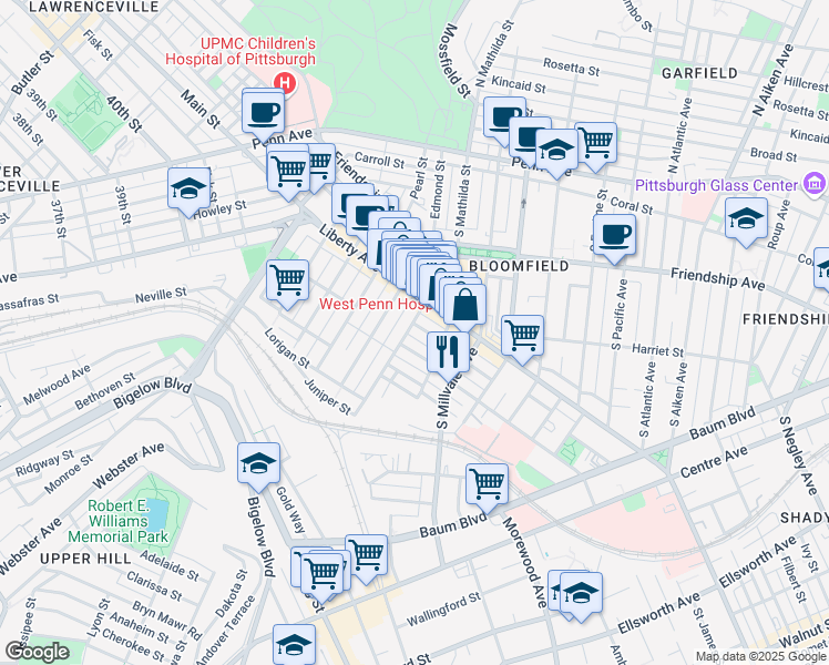 map of restaurants, bars, coffee shops, grocery stores, and more near 507 Edmond Street in Pittsburgh