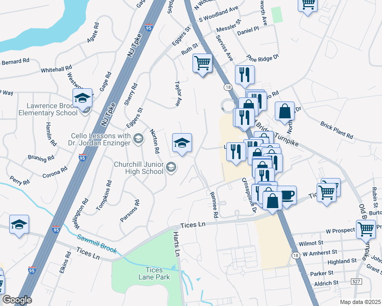 map of restaurants, bars, coffee shops, grocery stores, and more near 18 Norton Road in East Brunswick