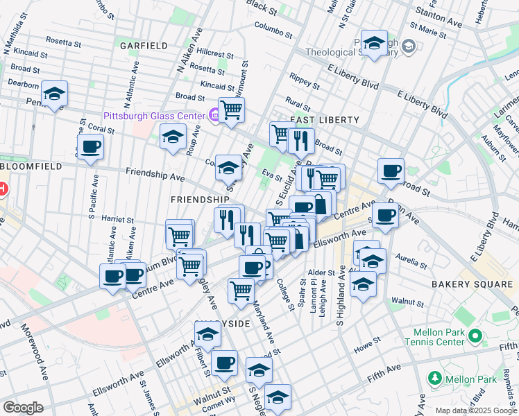 map of restaurants, bars, coffee shops, grocery stores, and more near 5815 Baum Boulevard in Pittsburgh