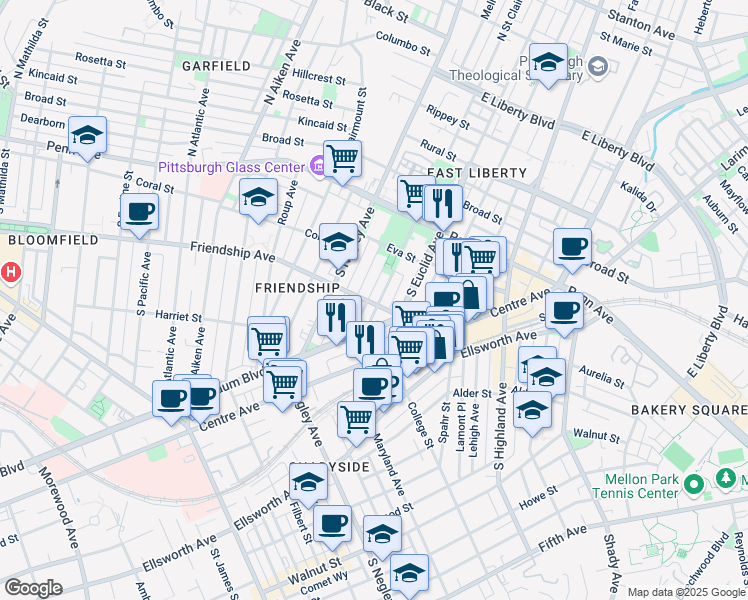 map of restaurants, bars, coffee shops, grocery stores, and more near 5815 Baum Boulevard in Pittsburgh