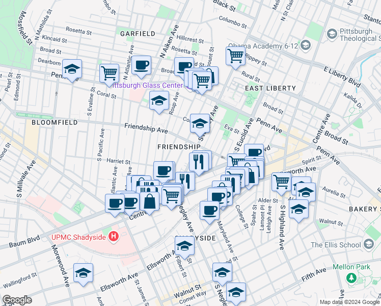 map of restaurants, bars, coffee shops, grocery stores, and more near 358 South Negley Avenue in Pittsburgh
