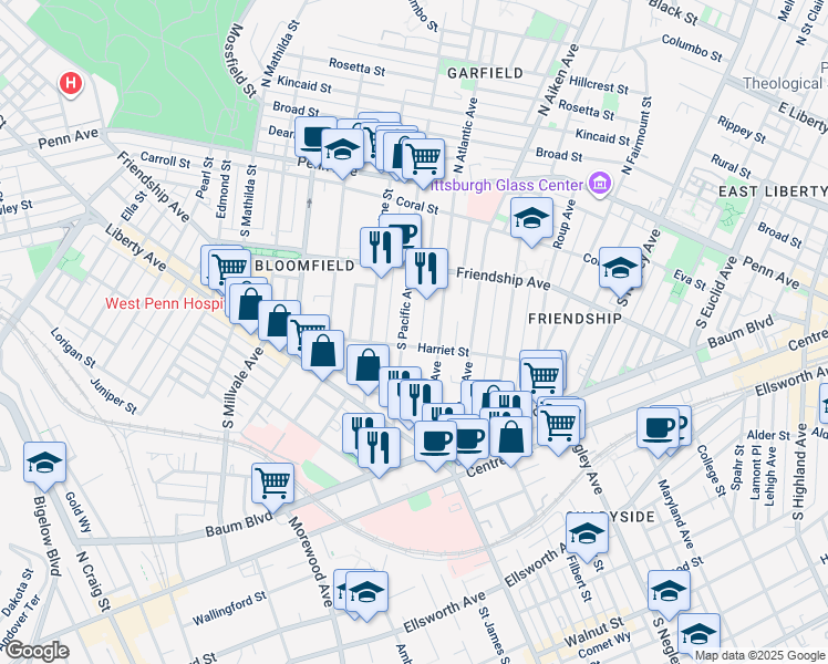 map of restaurants, bars, coffee shops, grocery stores, and more near 402 South Atlantic Avenue in Pittsburgh