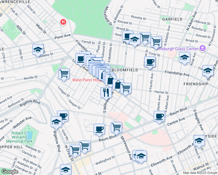 map of restaurants, bars, coffee shops, grocery stores, and more near in Pittsburgh