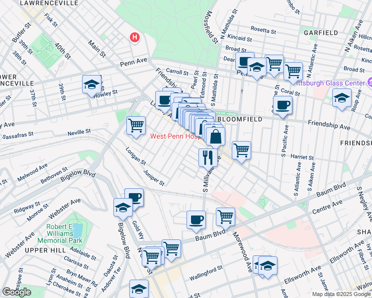map of restaurants, bars, coffee shops, grocery stores, and more near 4780 Cypress Street in Pittsburgh