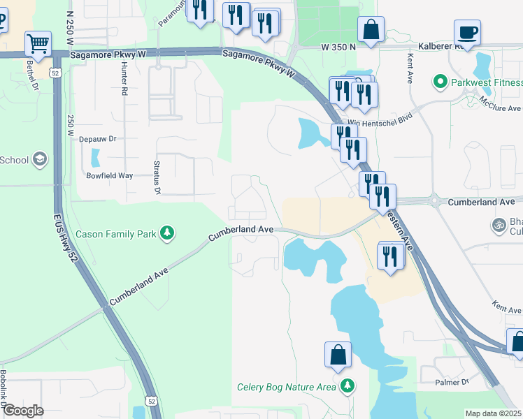 map of restaurants, bars, coffee shops, grocery stores, and more near 1891 Camden Lane in West Lafayette