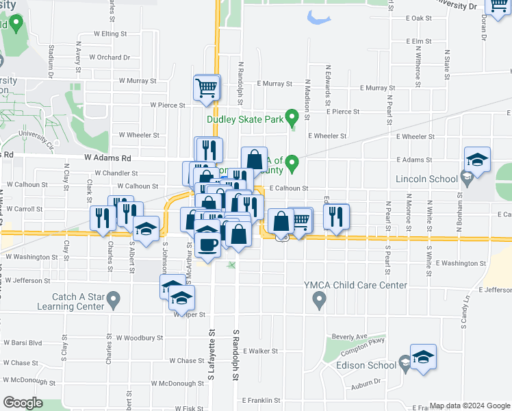 map of restaurants, bars, coffee shops, grocery stores, and more near in Macomb