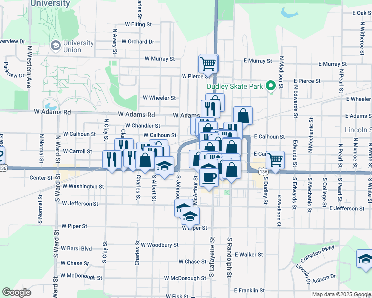 map of restaurants, bars, coffee shops, grocery stores, and more near 100-198 N McArthur St in Macomb