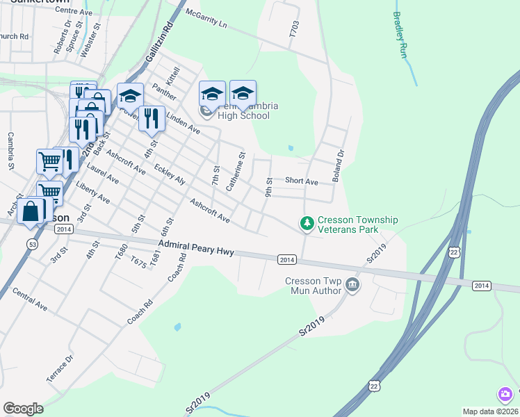 map of restaurants, bars, coffee shops, grocery stores, and more near 8th Street in Cresson