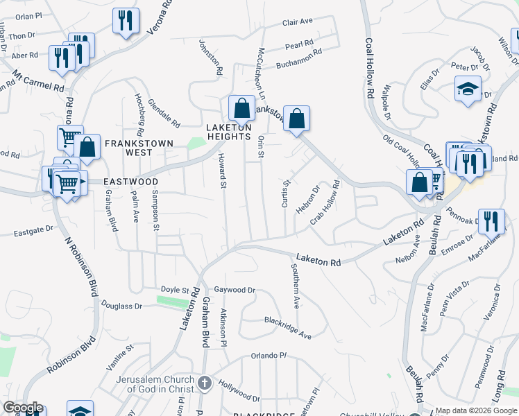 map of restaurants, bars, coffee shops, grocery stores, and more near 285 Evaline Street in Penn Hills