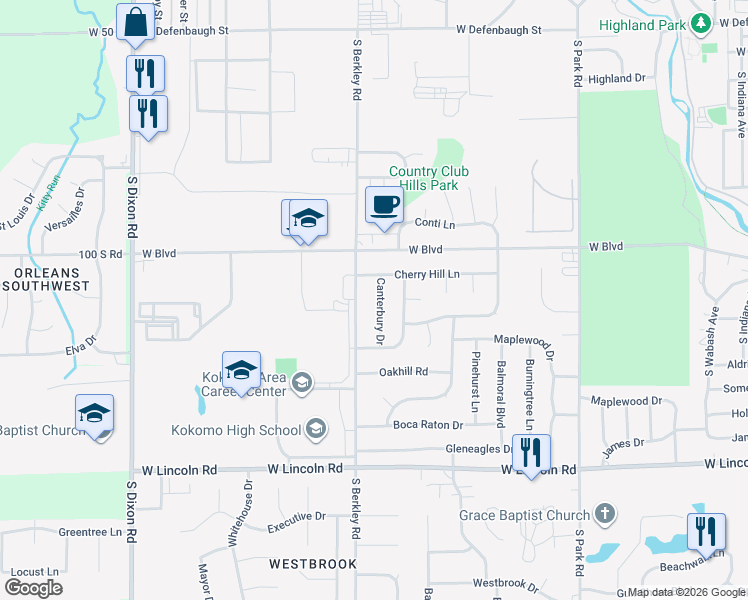 map of restaurants, bars, coffee shops, grocery stores, and more near 2228 Canterbury Drive in Kokomo