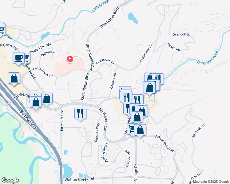 map of restaurants, bars, coffee shops, grocery stores, and more near 2012 Cornice Road in Steamboat Springs