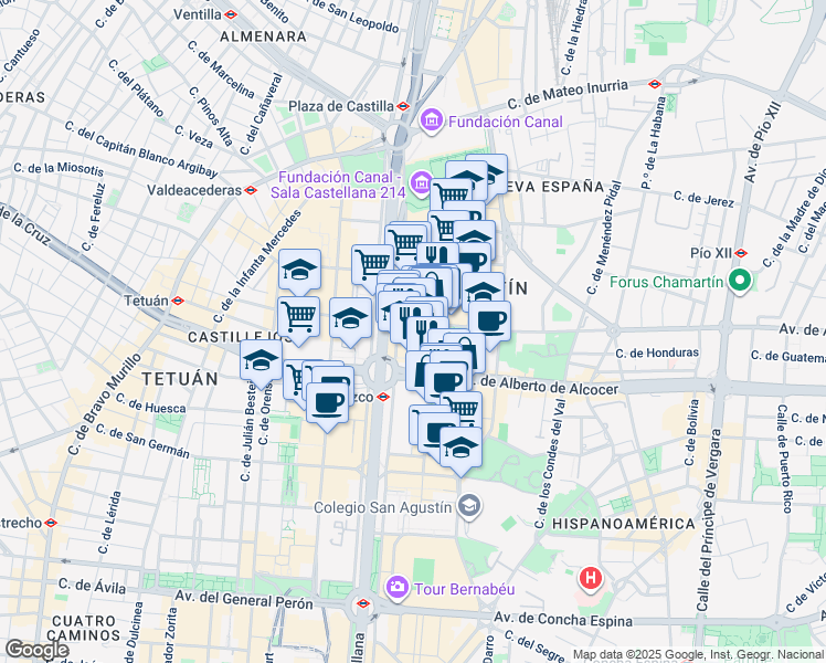 map of restaurants, bars, coffee shops, grocery stores, and more near 4 Calle de Juan Hurtado de Mendoza in Madrid